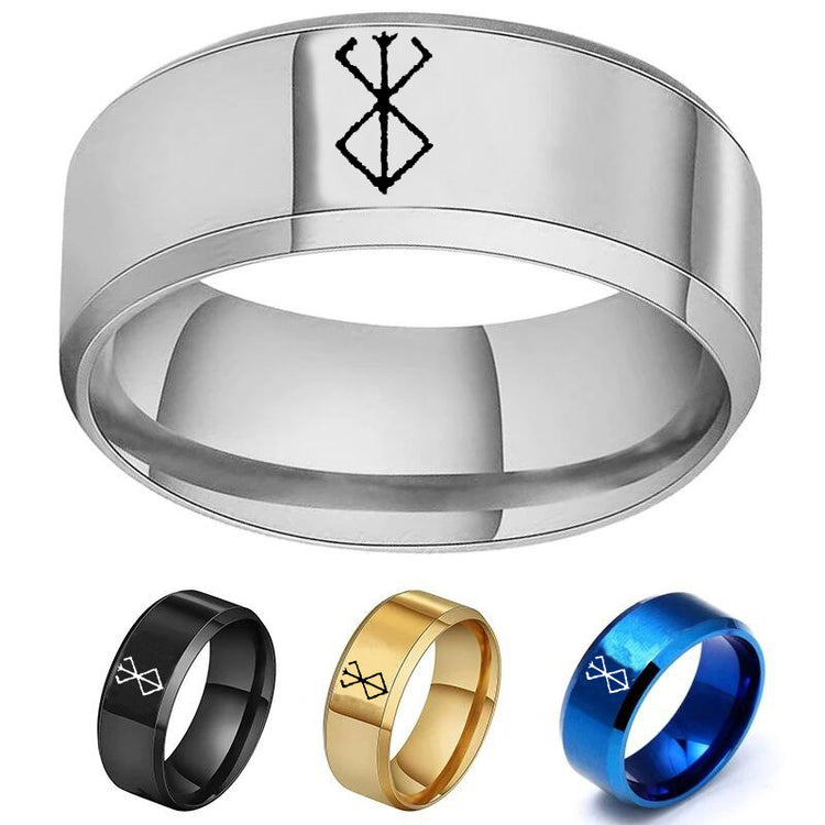 European and American Style Berserk Anime Series Laser Engraved Ring with Logo Design