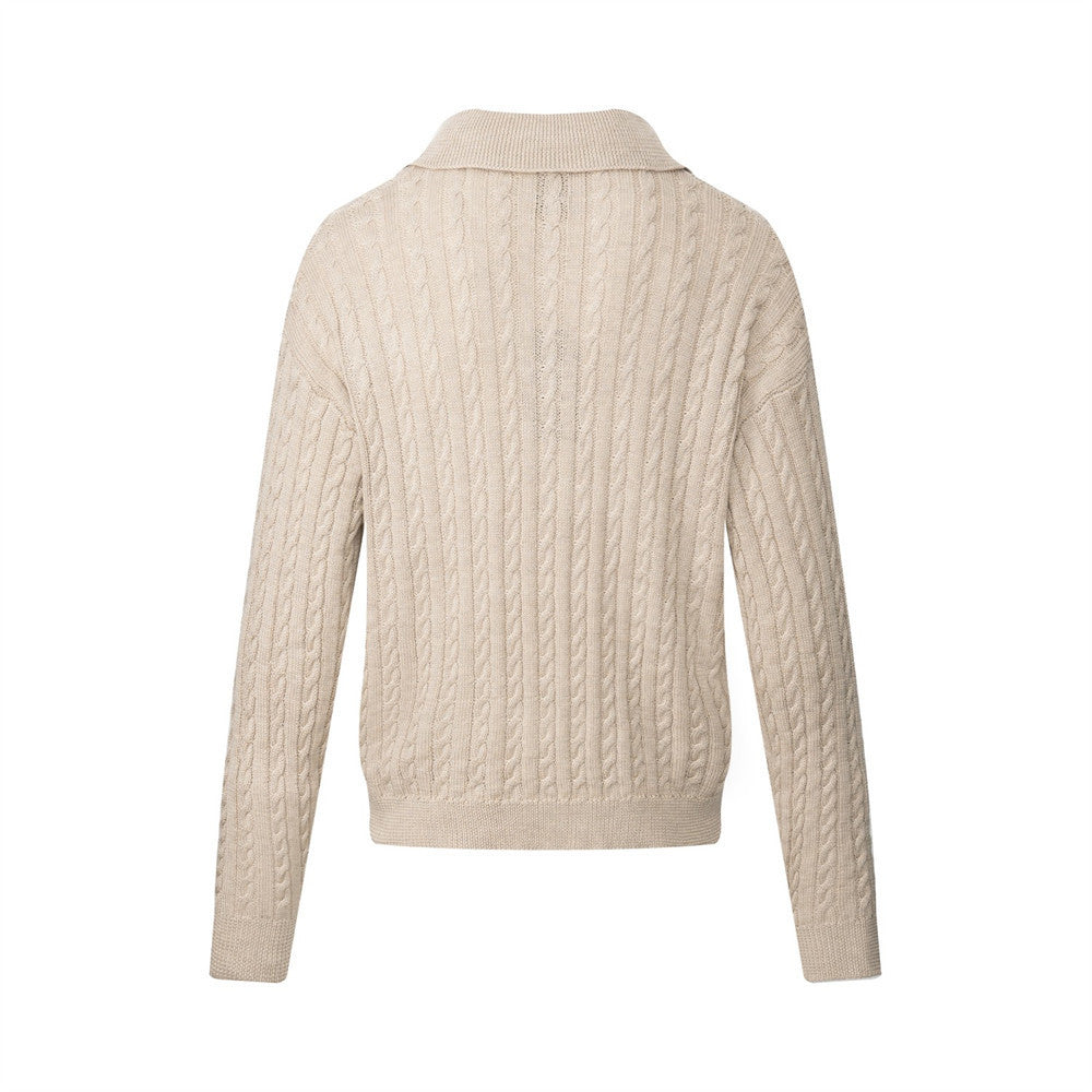 Men's Streetwear Vibe Solid Color Cable Knit Long Sleeve Lapel Collar Pullover Sweater