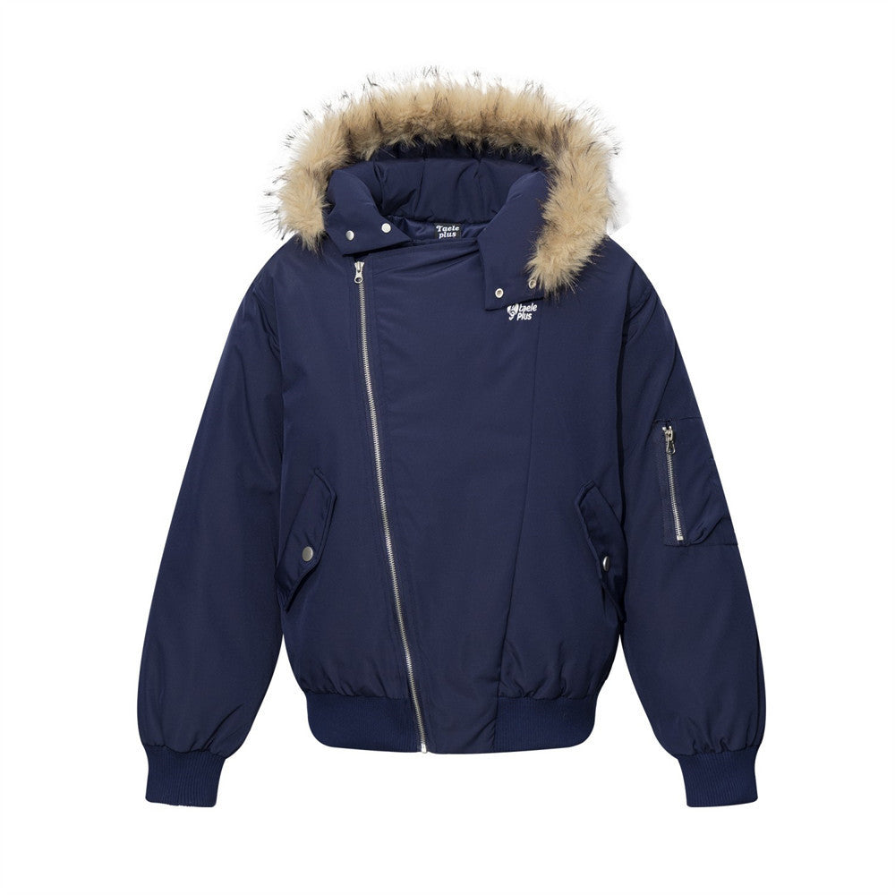 Men's Design Diagonal Zipper Hooded Padded Jacket with Fur Trim Loose Fit Winter Flight Coat