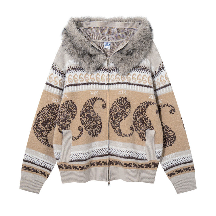 Men's Oversized Hooded Knit Cardigan Jacket with Fur Collar, Paisley Stripe Jacquard Pattern