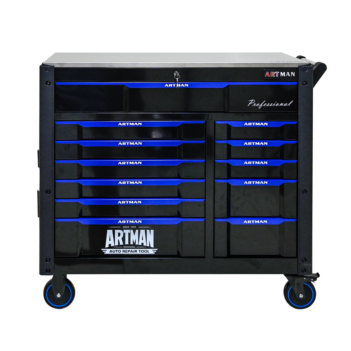 ARTMAN 12-Drawer Rolling Tool Cabinet with Iron Top, Black & Blue