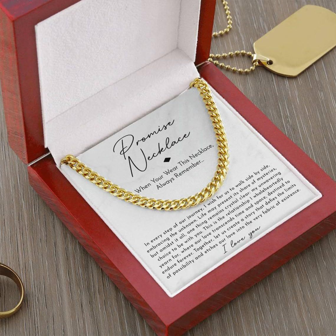 Stainless Steel Cuban Chain Necklace with Wooden Box & Card