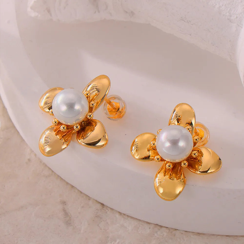 Synthetic Pearl & Titanium Steel Flower Earrings – Pair, 2.2 cm