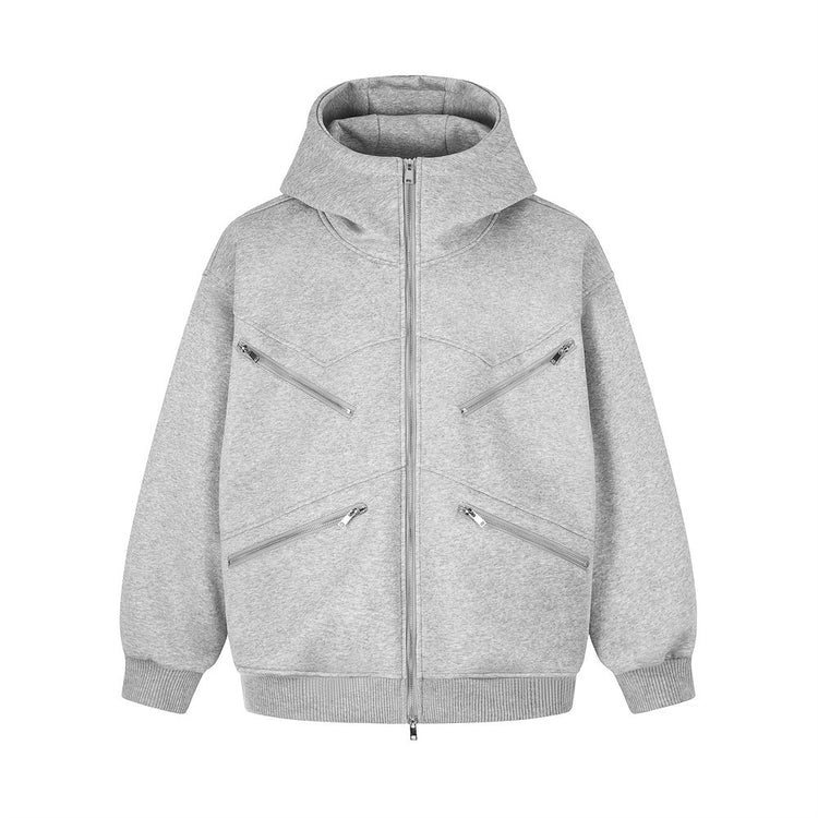 Men's Casual Hooded Jacket with Multi-Zipper Design, Loose Fit Solid Color Outerwear