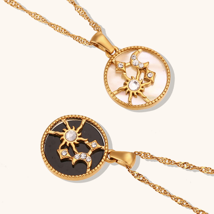 Sun, Moon & Stars Round Pendant Necklace – Stainless Steel