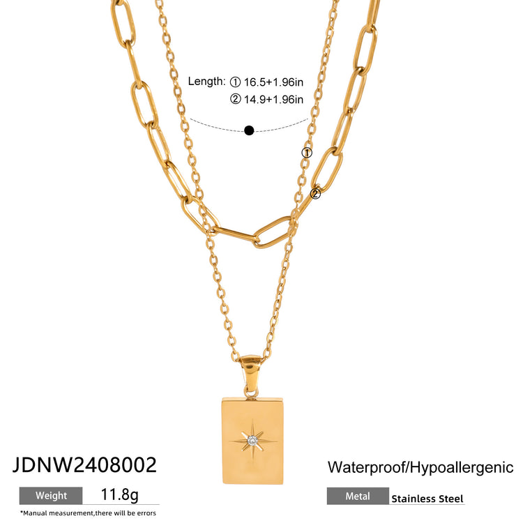 Star & Square Double-Layer Necklace – Gold-Tone Stainless Steel