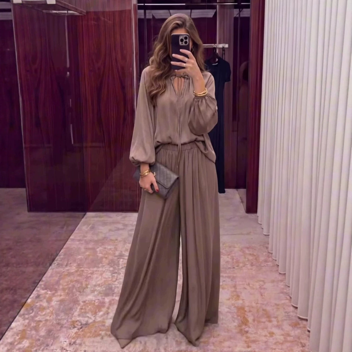 Women's V-Neck Lace-Up Top and Pants Set