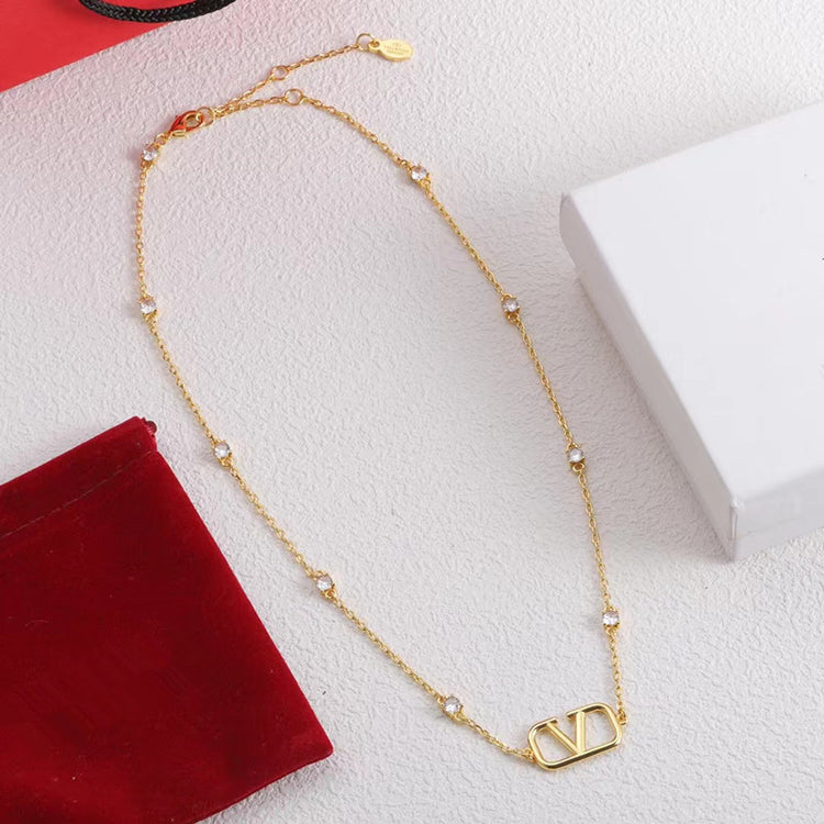 V-Letter Rhinestone Necklace – Gold Tone