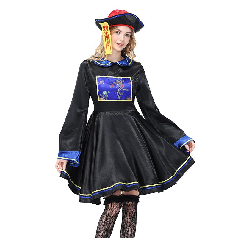 Black Embroidered Costume Set with Skirt and Hat