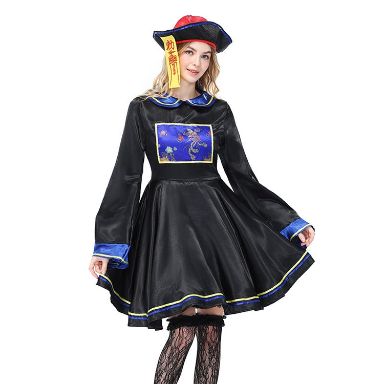 Black Embroidered Costume Set with Skirt and Hat