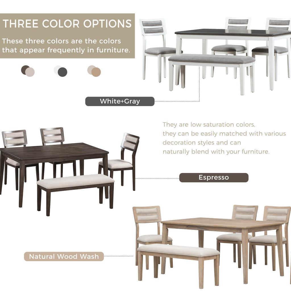 TREXM 6-Piece Dining Set with Table, 4 Chairs & Bench, White & Gray