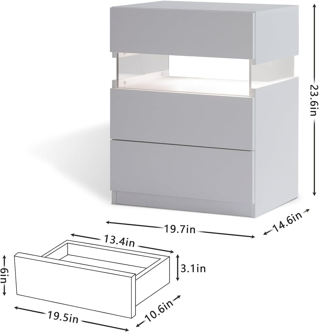 White 3-Drawer LED Bedside Table with Acrylic Panel