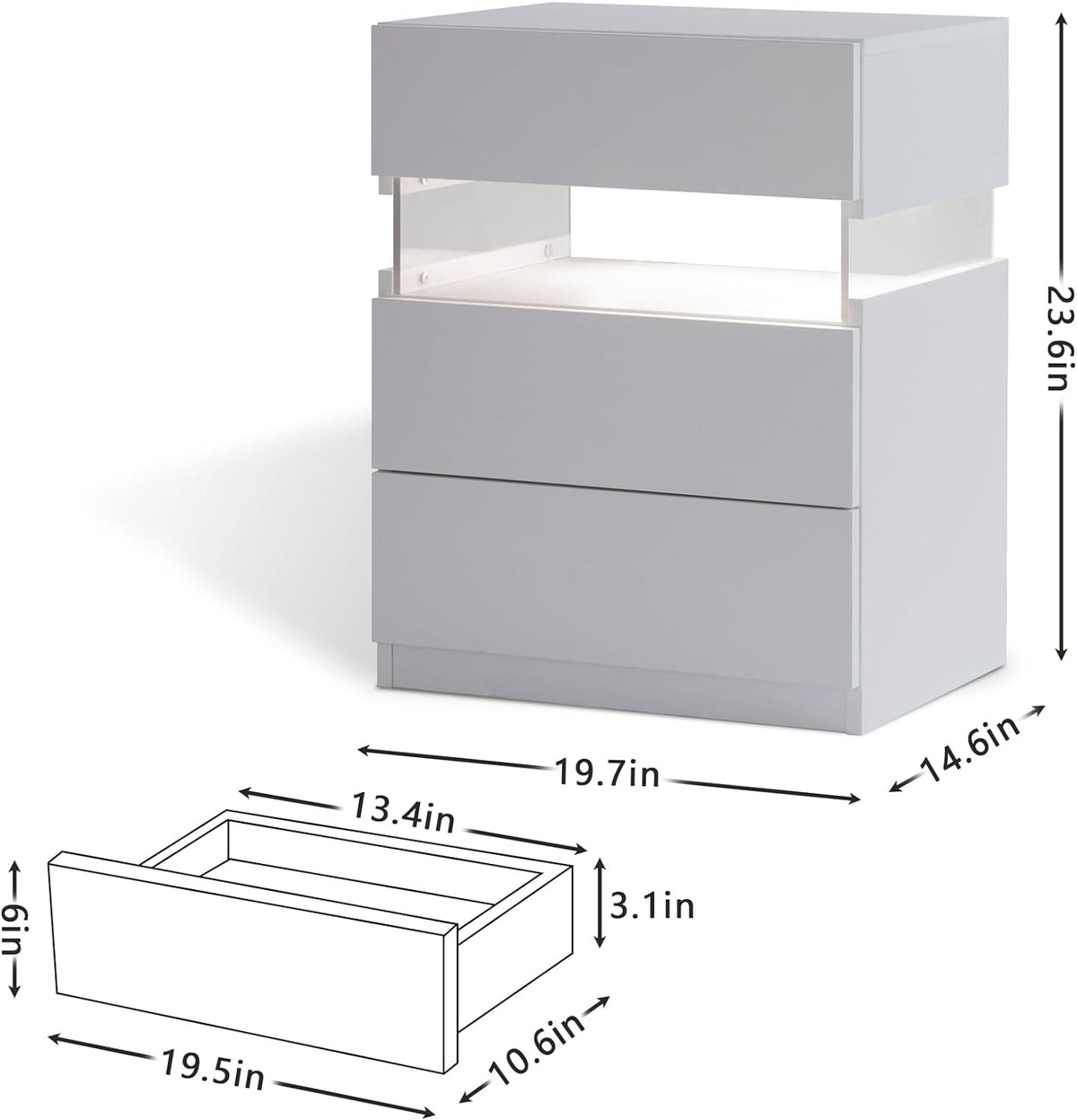 White 3-Drawer LED Bedside Table with Acrylic Panel