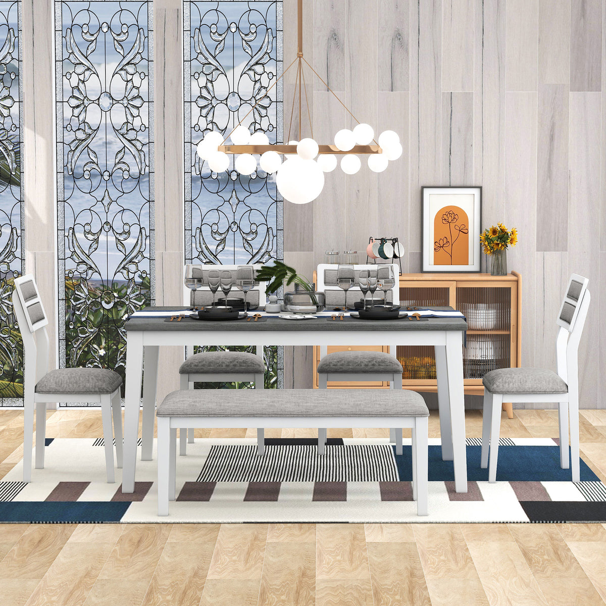 TREXM 6-Piece Dining Set with Table, 4 Chairs & Bench, White & Gray