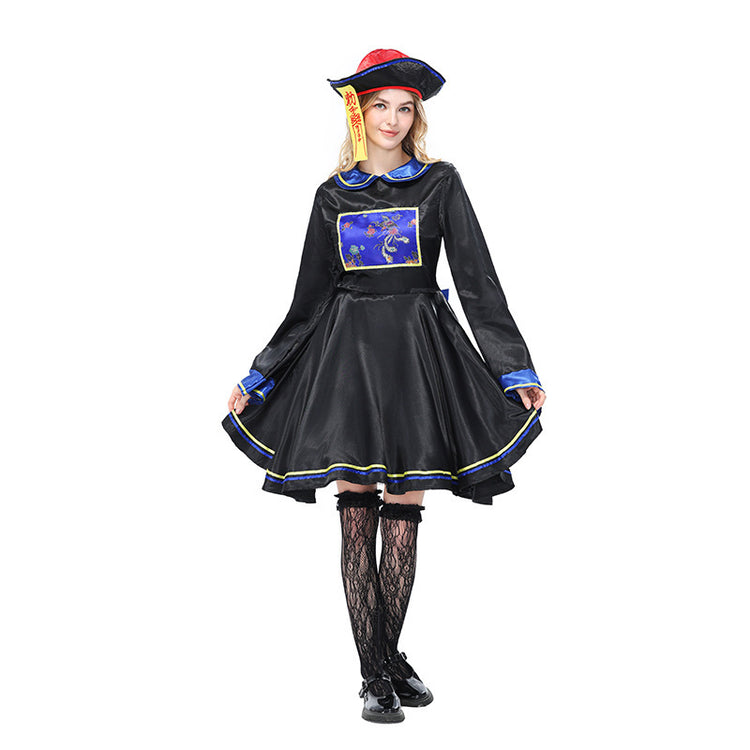 Black Embroidered Costume Set with Skirt and Hat