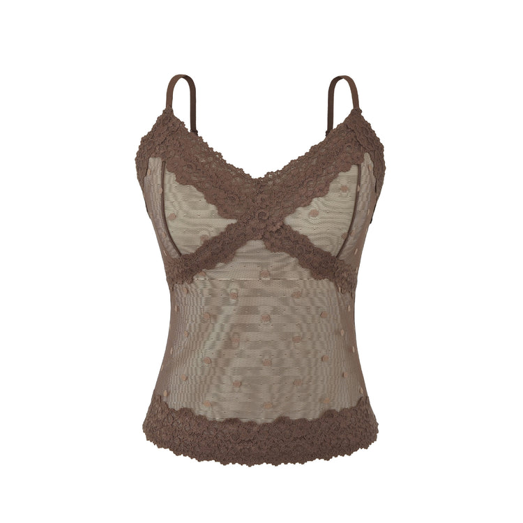 Polka Dot Lace Sleeveless Camisole Top with Built-in Pads