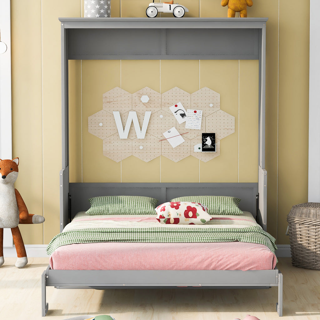 Queen Size Murphy Bed with Fold-Down Desk Shelf, Gray