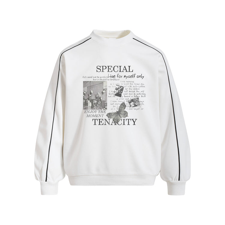 Men's Rap Character Print Contrast Stitch Crewneck Pullover Sweatshirt