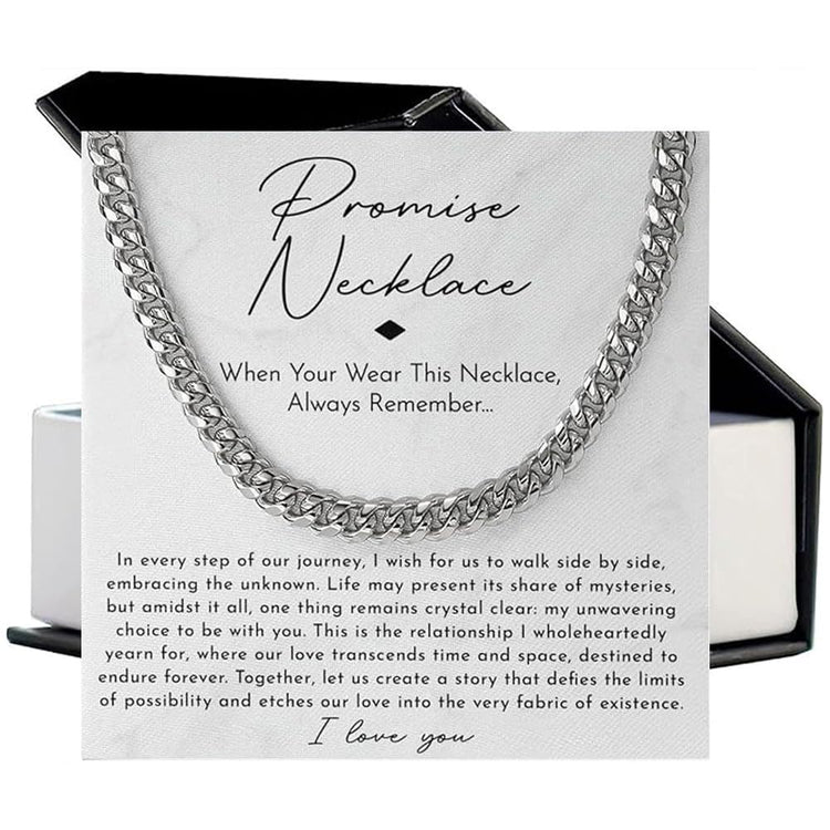 Stainless Steel Cuban Chain Necklace with Wooden Box & Card