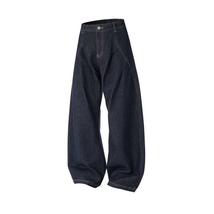 Men's High Street Wide Leg Raw Denim Jeans Solid Color Loose Fit Pleated Trousers with Pockets