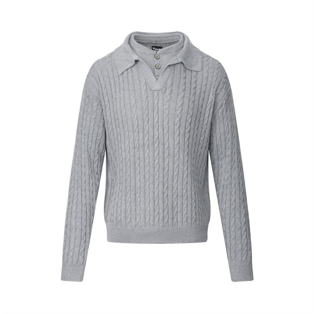 Men's Streetwear Vibe Solid Color Cable Knit Long Sleeve Lapel Collar Pullover Sweater