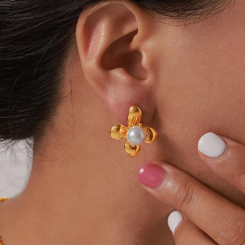 Synthetic Pearl & Titanium Steel Flower Earrings – Pair, 2.2 cm
