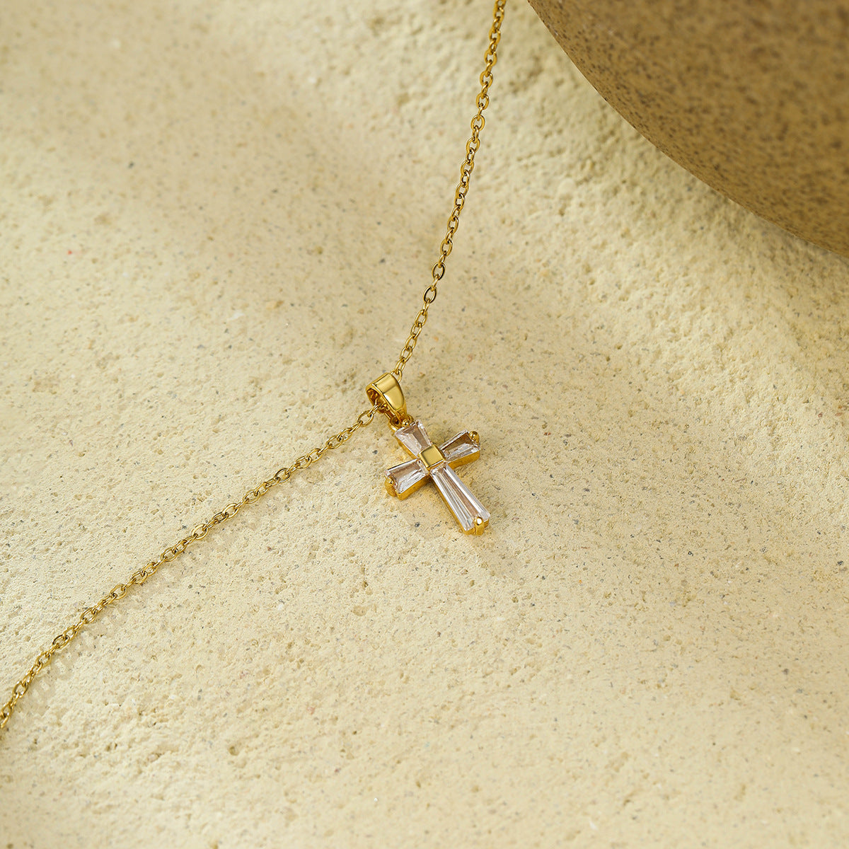 Geometric Cross Pendant Necklace – Gold-Tone Stainless Steel