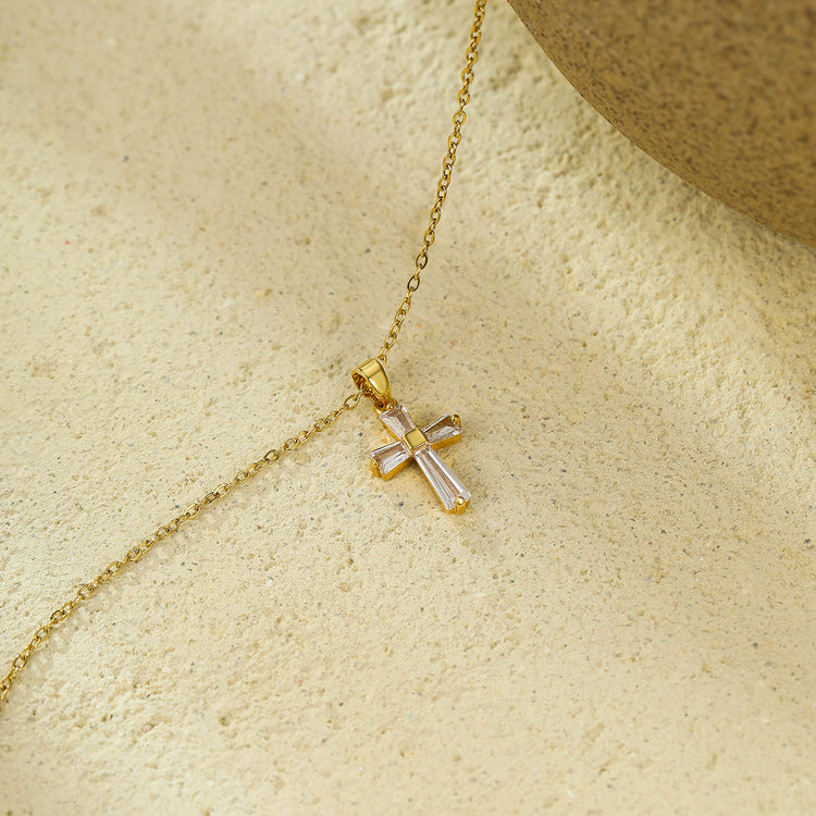 Geometric Cross Pendant Necklace – Gold-Tone Stainless Steel