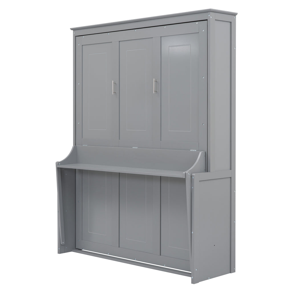Queen Size Murphy Bed with Fold-Down Desk Shelf, Gray