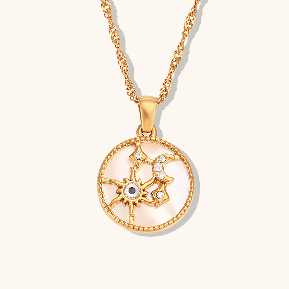 Sun, Moon & Stars Round Pendant Necklace – Stainless Steel