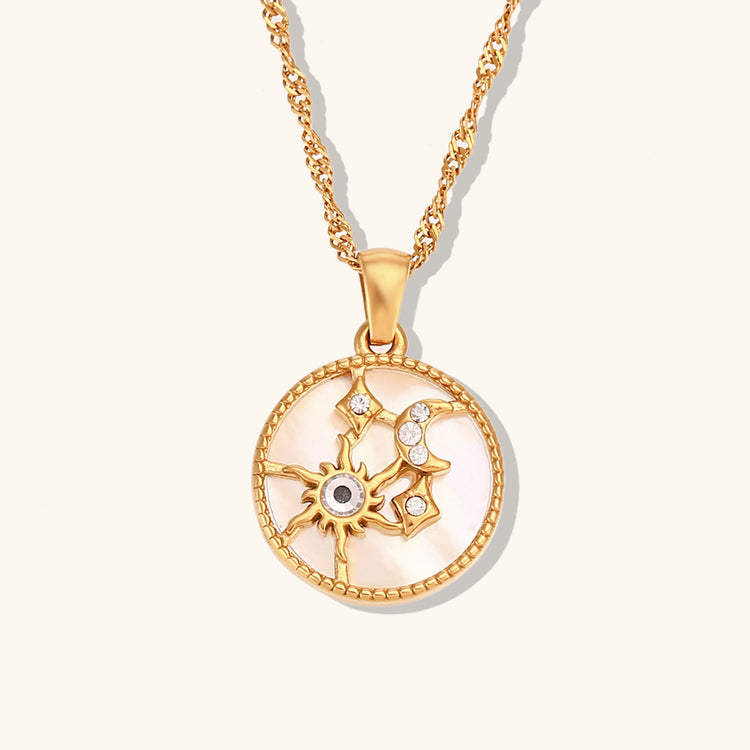 Sun, Moon & Stars Round Pendant Necklace – Stainless Steel