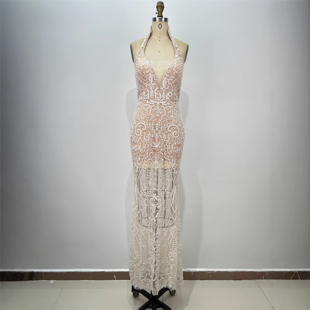 Apricot Strapless Rhinestone-Embellished Maxi Dress