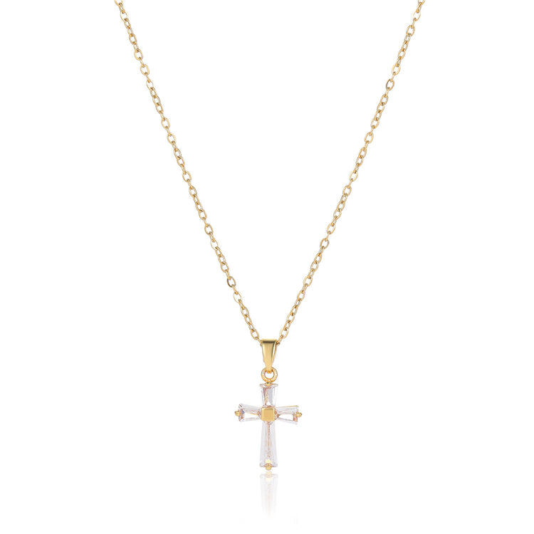 Geometric Cross Pendant Necklace – Gold-Tone Stainless Steel