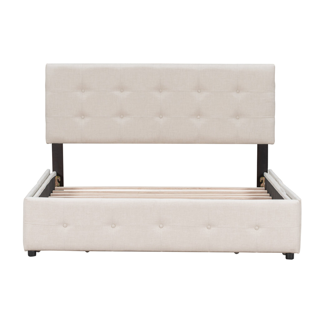 Upholstered Platform Bed with Classic Headboard and 4 Drawers No Box Spring Needed Linen Fabric Queen Size Beige