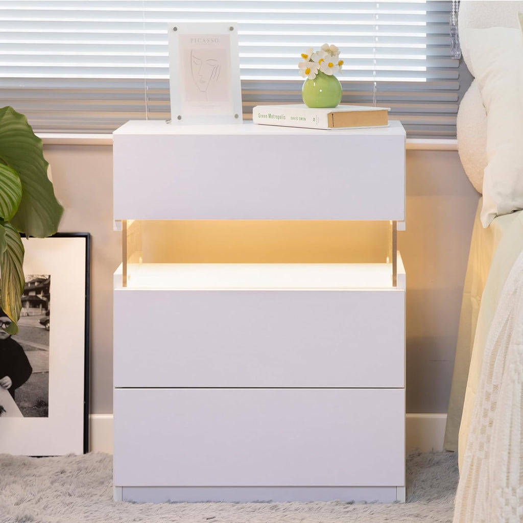 White 3-Drawer LED Bedside Table with Acrylic Panel