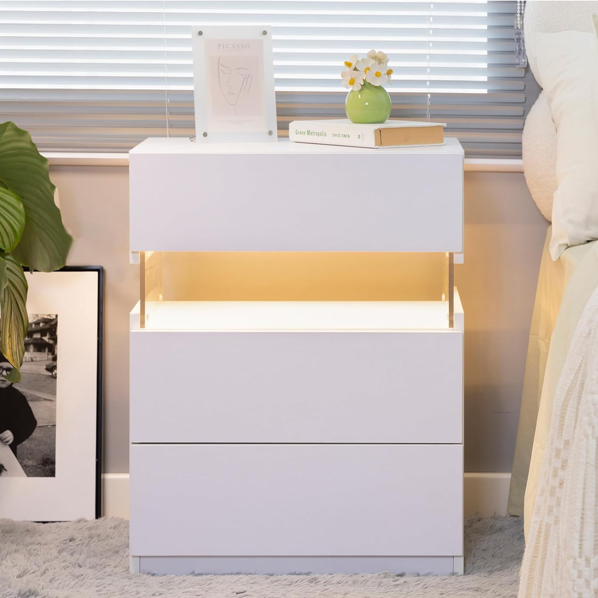 White 3-Drawer LED Bedside Table with Acrylic Panel