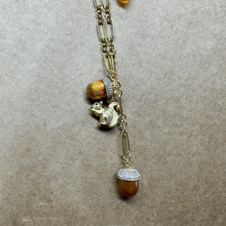 Vintage-Inspired Squirrel & Orange Charm Necklace – Gold Tone