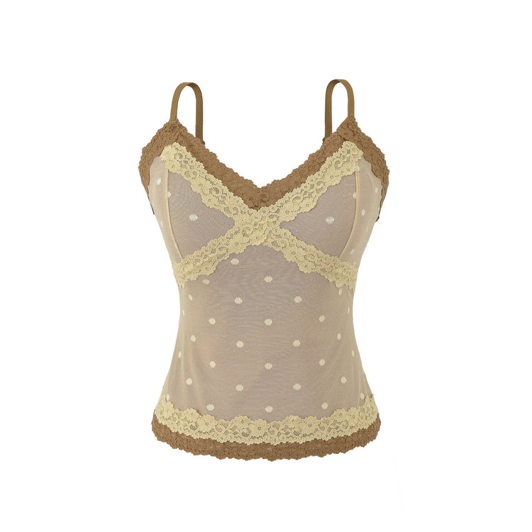 Polka Dot Lace Sleeveless Camisole Top with Built-in Pads