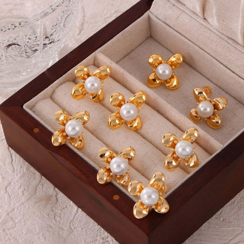 Synthetic Pearl & Titanium Steel Flower Earrings – Pair, 2.2 cm