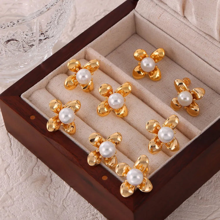 Synthetic Pearl & Titanium Steel Flower Earrings – Pair, 2.2 cm