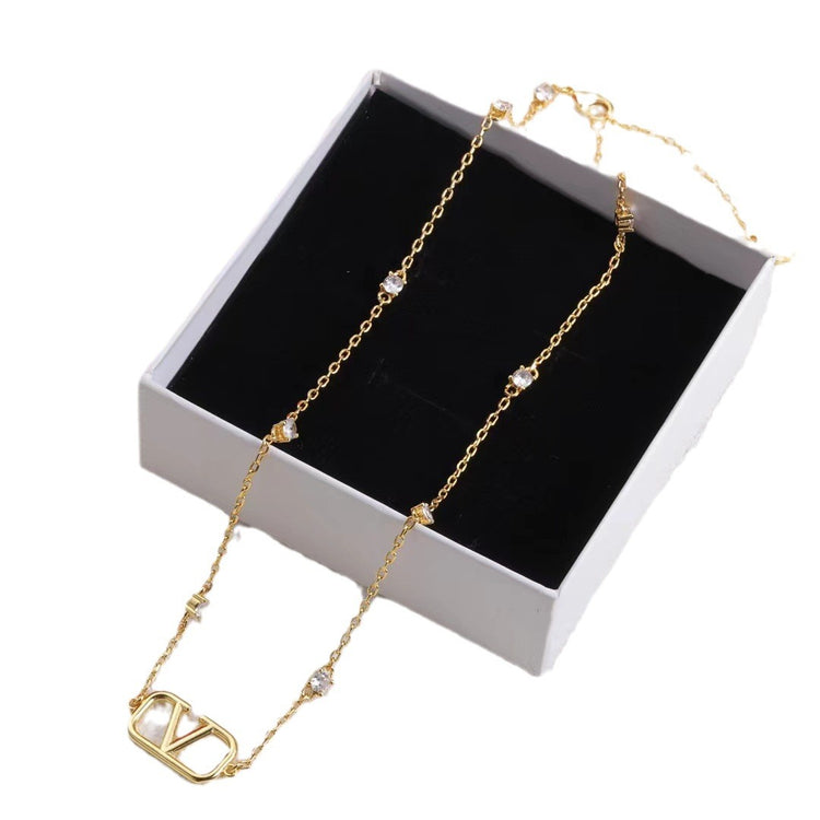 V-Letter Rhinestone Necklace – Gold Tone
