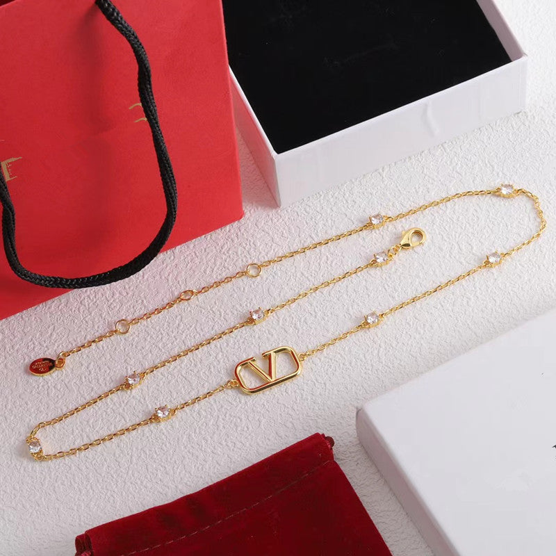 V-Letter Rhinestone Necklace – Gold Tone