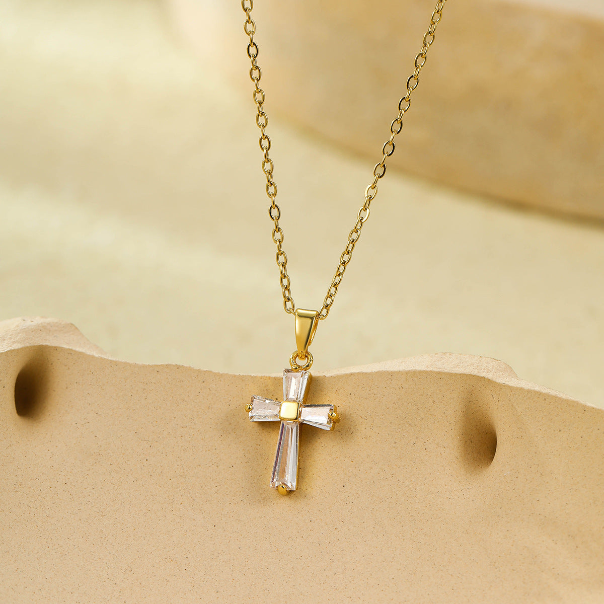 Geometric Cross Pendant Necklace – Gold-Tone Stainless Steel