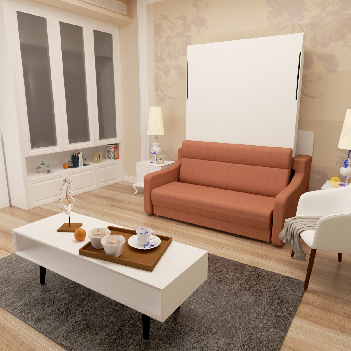Modern Vertical Murphy Bed with Sofa & Storage | Full Size