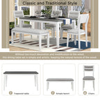 TREXM 6-Piece Dining Set with Table, 4 Chairs & Bench, White & Gray
