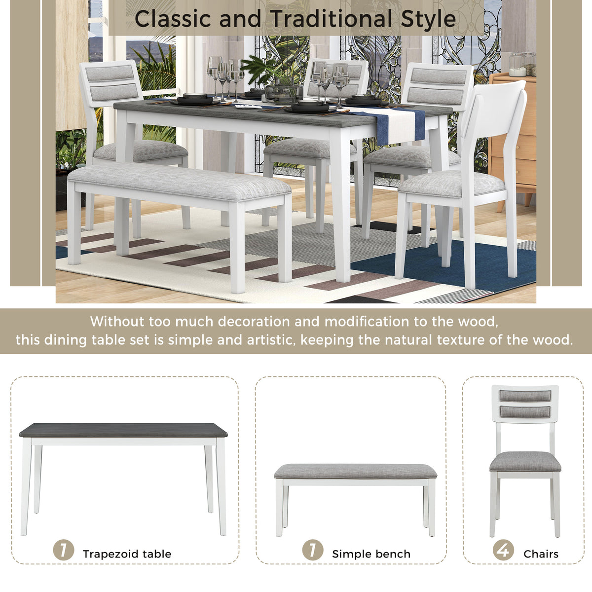 TREXM 6-Piece Dining Set with Table, 4 Chairs & Bench, White & Gray