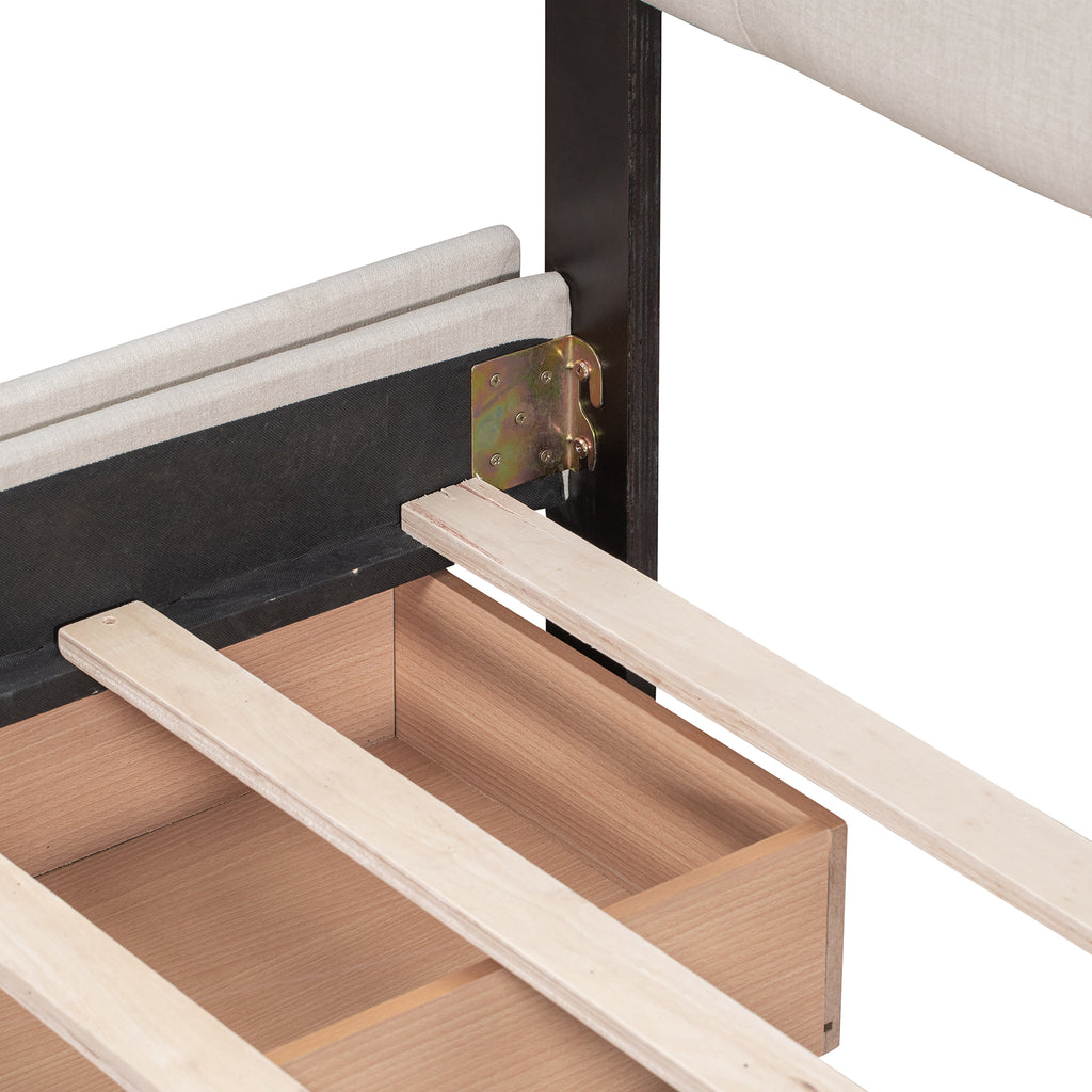 Upholstered Platform Bed with Classic Headboard and 4 Drawers No Box Spring Needed Linen Fabric Queen Size Beige