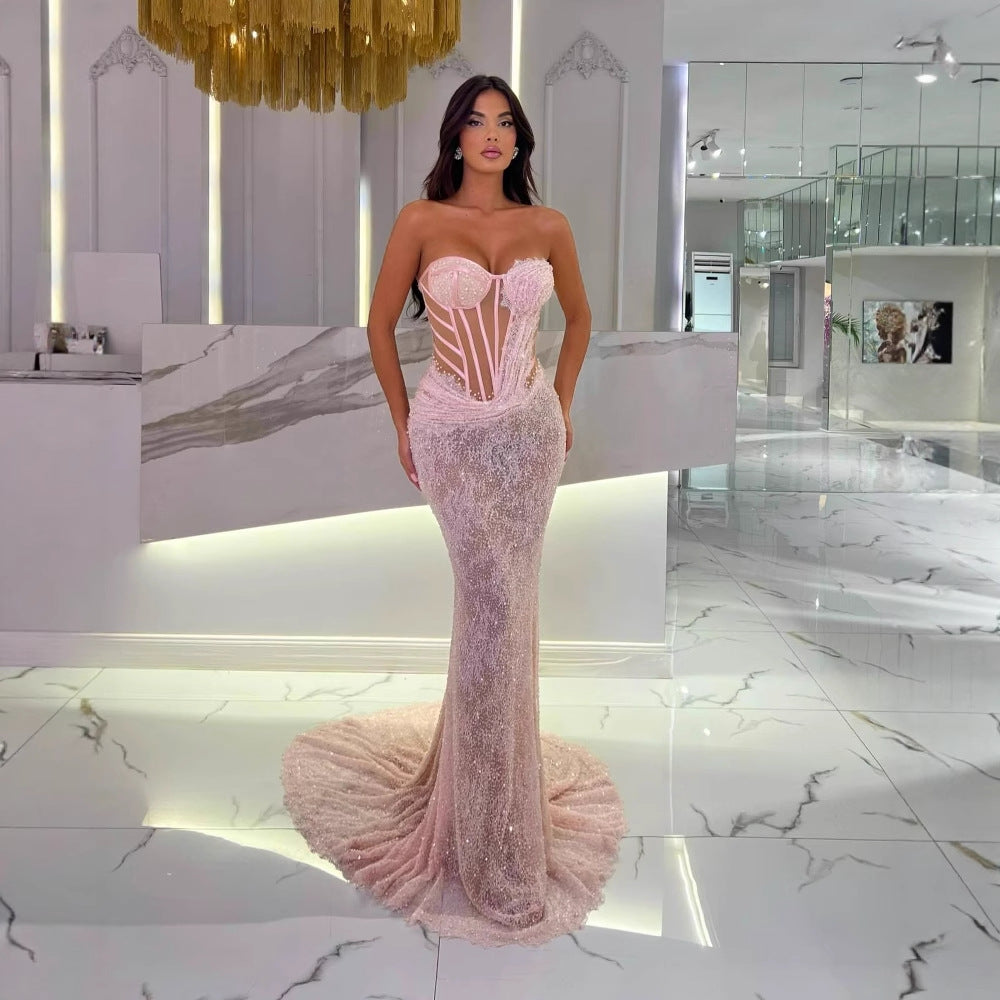 Pink Strapless Wrap-Front Fitted Maxi Dress