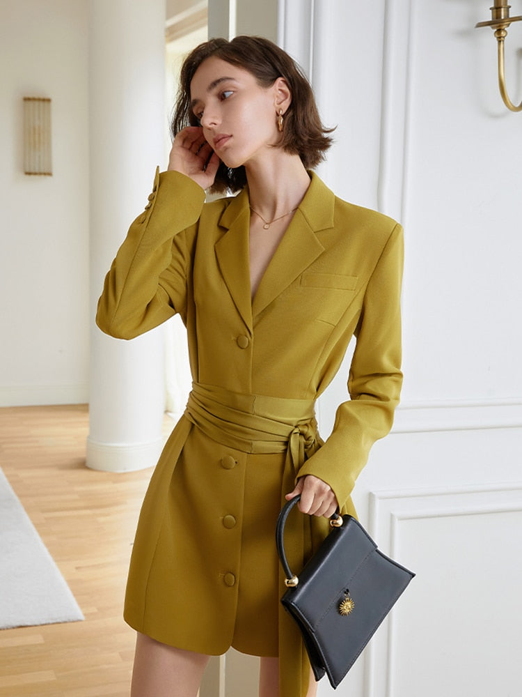 Women's Yellow Belted Blazer Dress