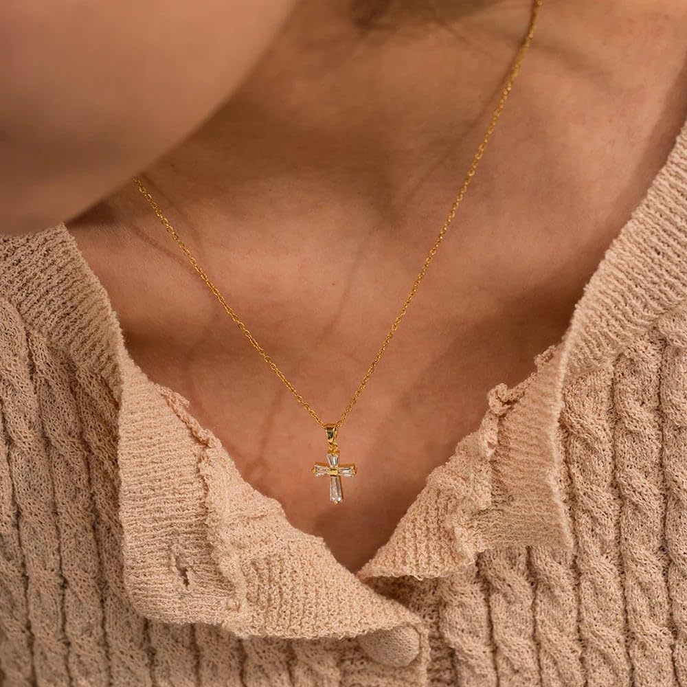 Geometric Cross Pendant Necklace – Gold-Tone Stainless Steel